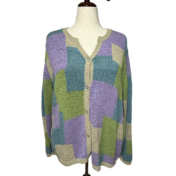 Coldwater Creek Cardigan 2X Purple Blue Patchwork Colorful Button Up Sweater - Picture 1 of 9